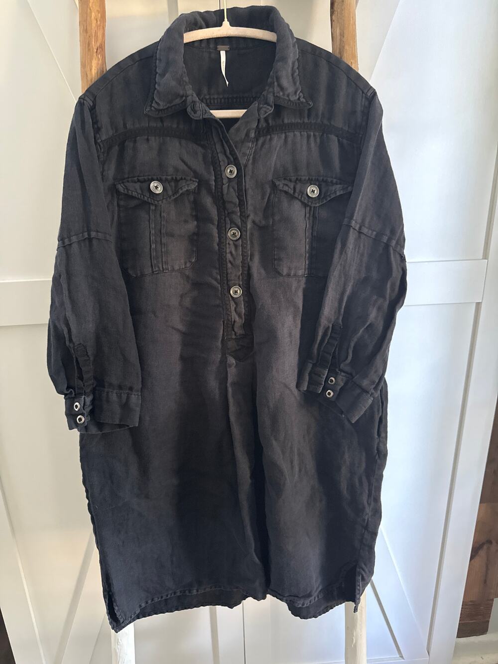 Free People linen shirt dress Small 100% Linen Washed out black Utility
